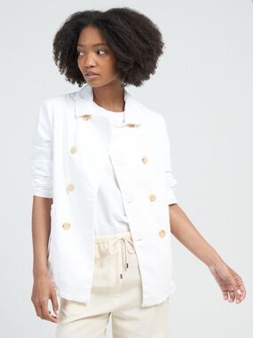 Frank & Eileen LINEN Belfast Double Breasted blazer in White Size Large